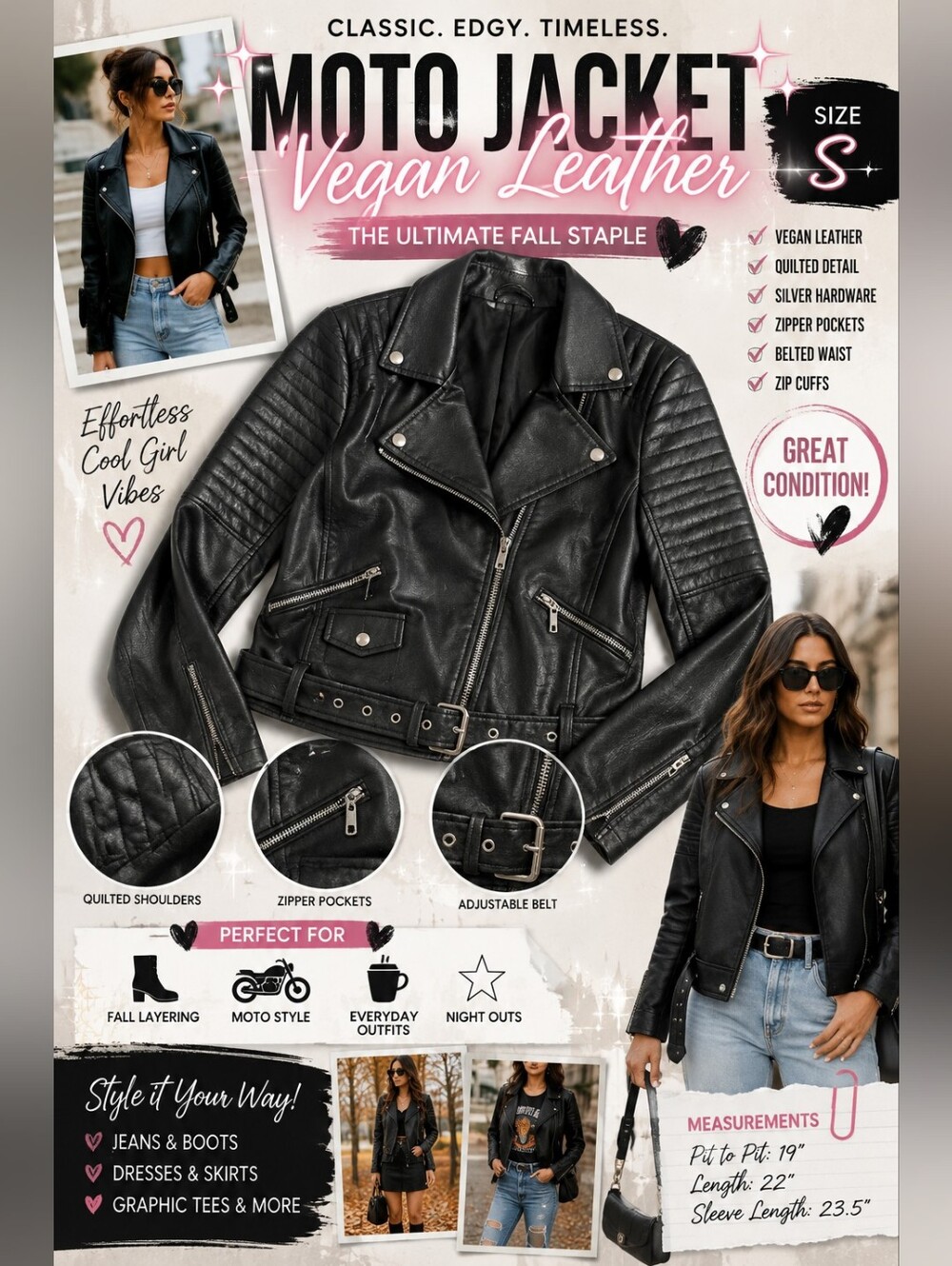 Women’s Black Vegan Leather Moto Jacket Small Biker Belted Quilted Y2K Zip